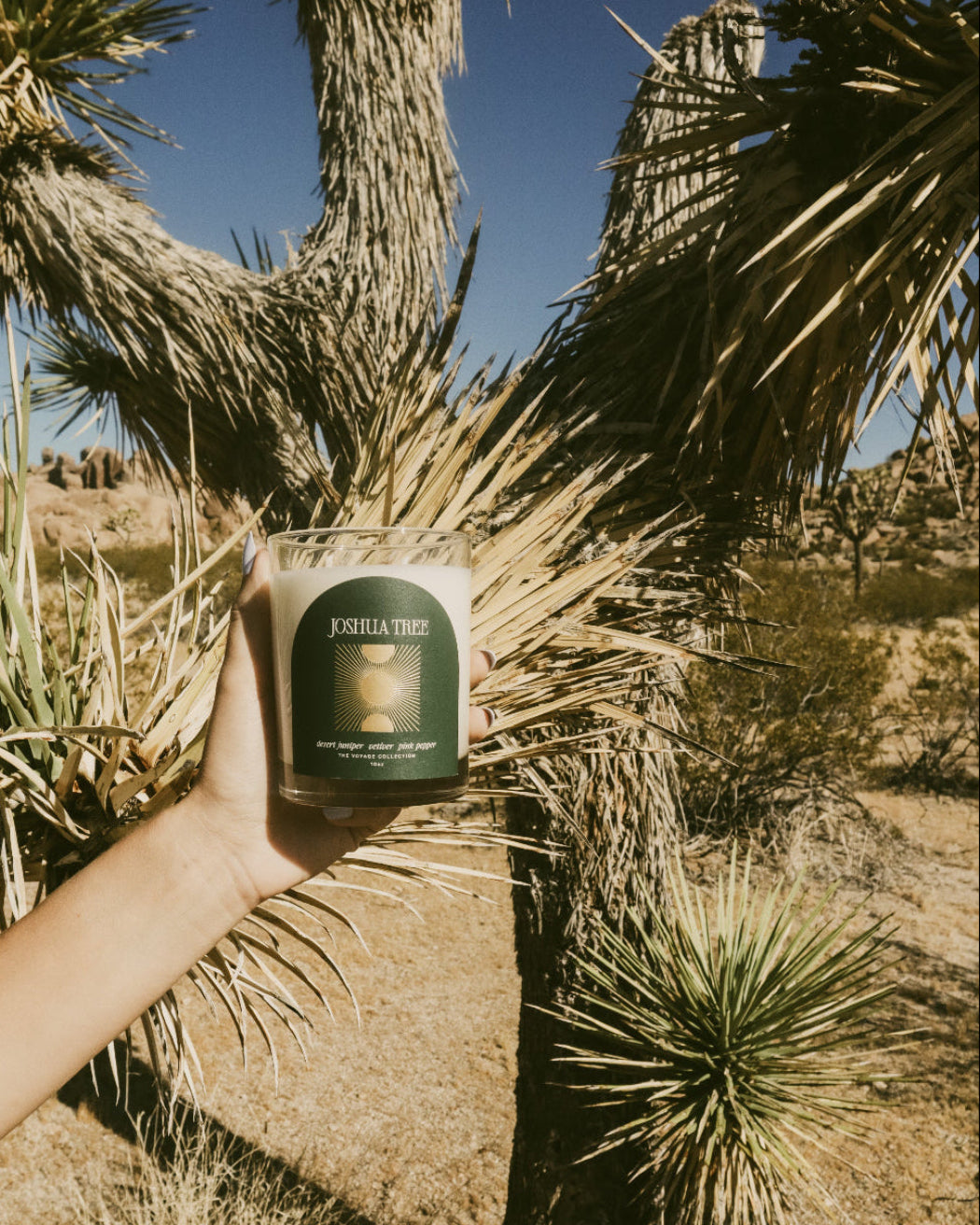 Hand holding a Joshua Tree candle against a desert background with Joshua trees.