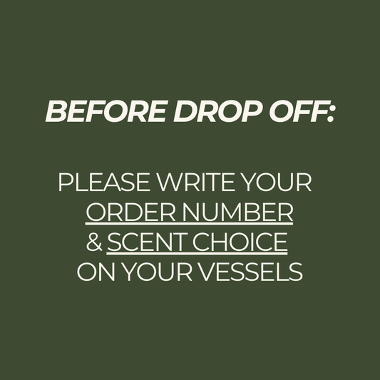 Text instruction on a green background for customers to write order number and scent choice onto their vessels.