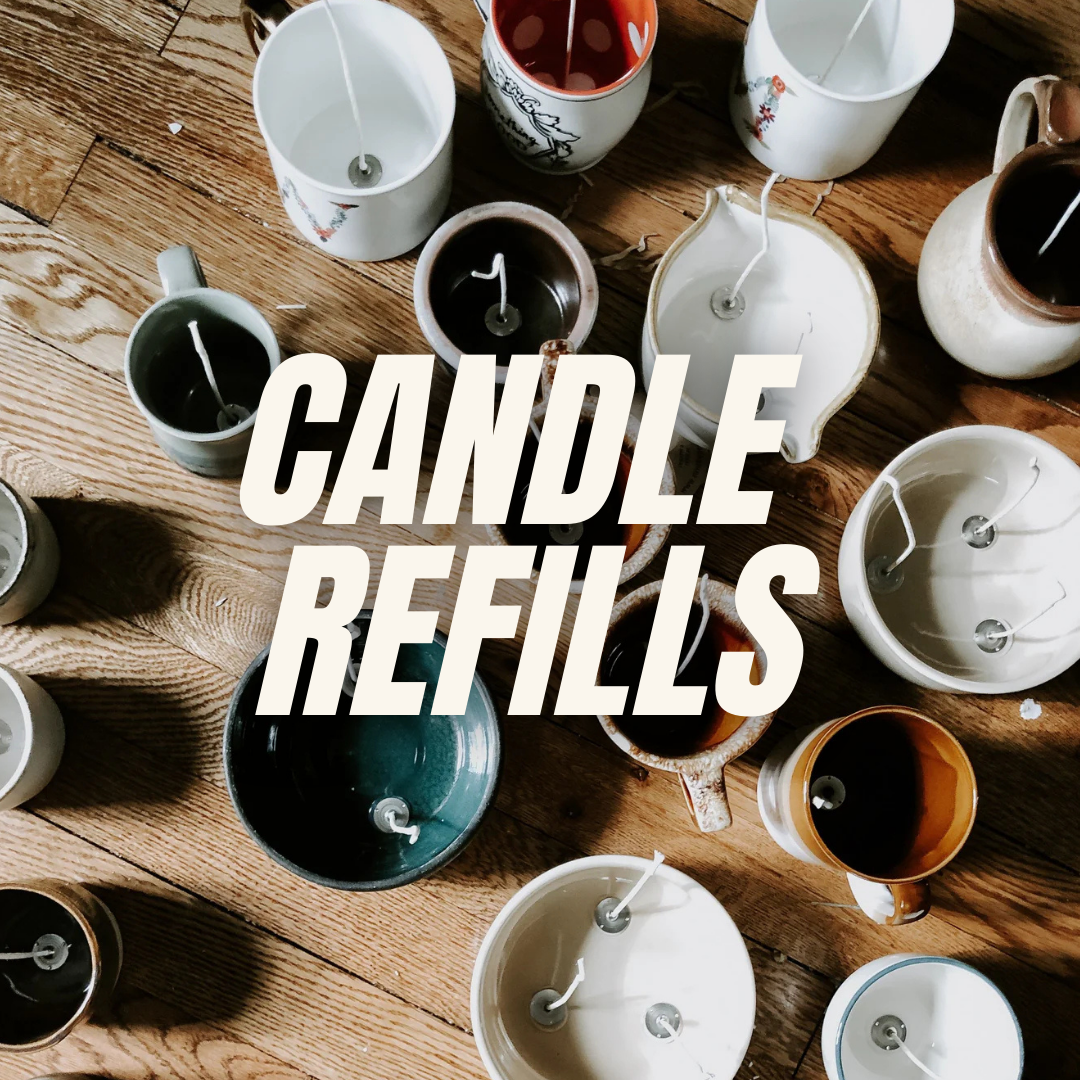 Collection of candle refills on a wooden surface with 'Candle Refills' text overlay.