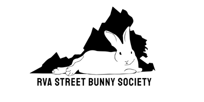 Black and white logo featuring a rabbit lying in front of mountain silhouettes, with the text 'RVA STREET BUNNY SOCIETY' below.