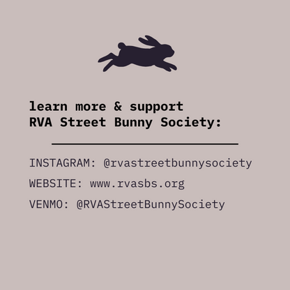 Call to action for the RVA Street Bunny Society with a silhouette of a rabbit on a beige background.