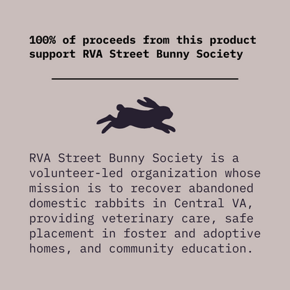 Text about proceeds from a product supporting RVA Street Bunny Society with a silhouette of a rabbit.